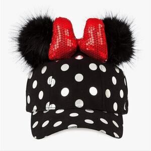 Disney Parks Womens Minnie Mouse Polka Dot Pom Pom Baseball Cap with Bow